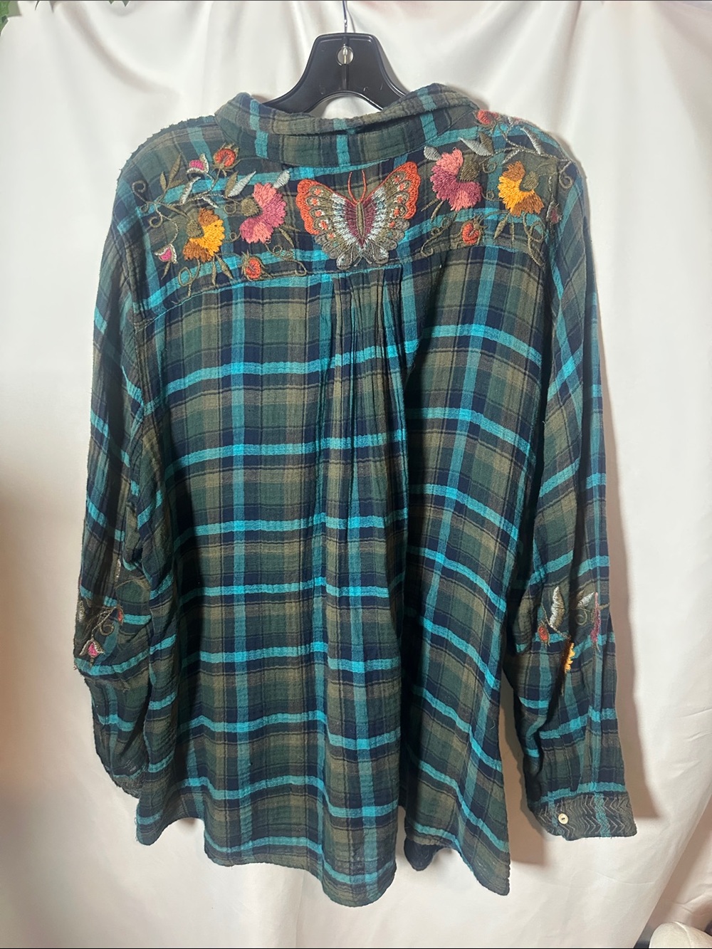 Johnny Was Teal & Green Plaid Button-Down with Floral Embroidery - Picture 7 of 9